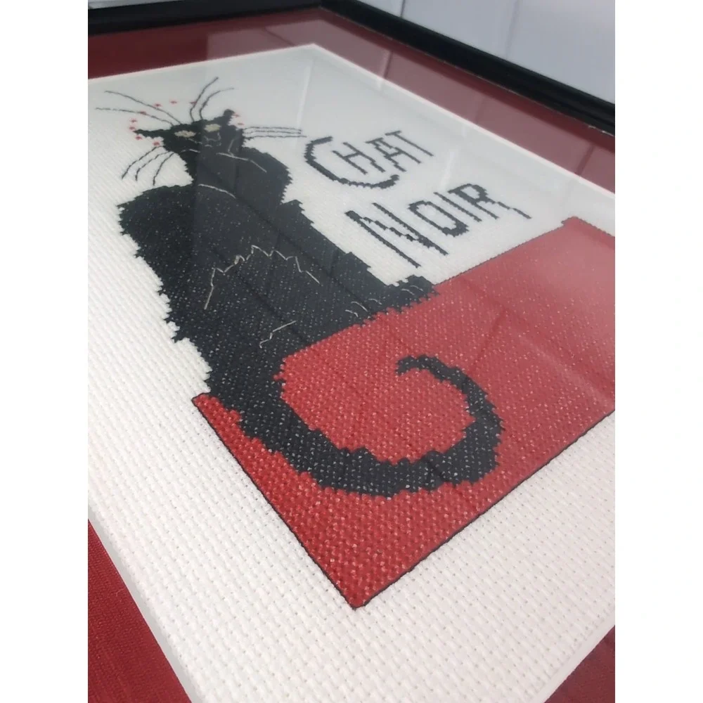 Mod Vintage Le Chat Noir Black Cat Framed/Matted Needlepoint Wall Art Handmade